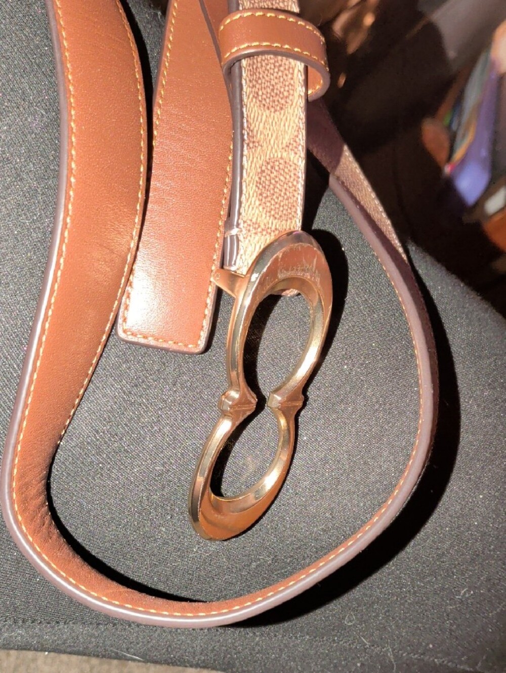 Women's Tan Logo-Pattern Belt with Gold Double-Ring Buckle